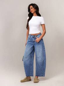 SHEIN Forever 21 Women's Solid Color Pocket Casual Loose Denim Jeans Women Jeans Baggy Wide Leg Jeans Woman Loose Jeans