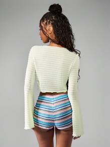 MISSGUIDED Textured Tie Front Sweater Knit Crop Top Bell Sleeve Bohemian Festival Resort Beach Summer Christmas