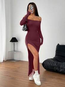 INAWLY 红色性感露肩高开衩长裙 - 酒紅色 - 查看 5