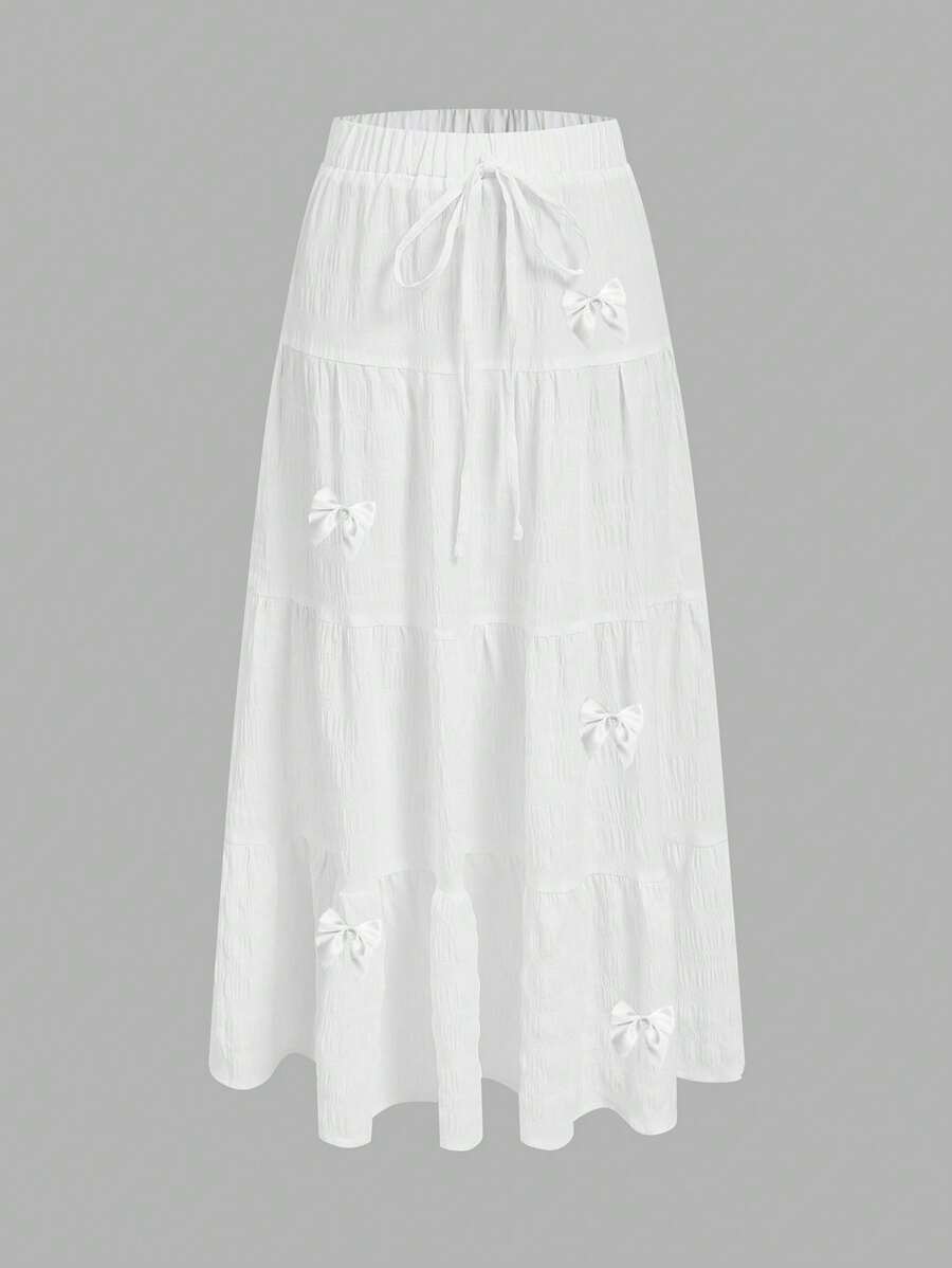 SHEIN EZwear Váy xòe nhiều lớp thêu nơ tối giản giản dị dành cho nữ, phù hợp cho mùa hè - trắng - Xem 1