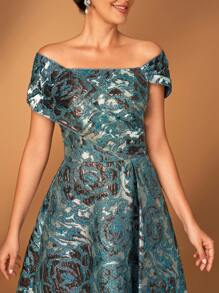 优雅奢华的织锦露肩保守 A 字裙，适合婚礼、派对、节日、舞会、晚礼服、新娘母亲 - 藏蓝色 - 查看 2