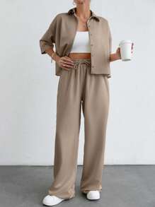 EURMUSE Women Two Pieces Shirt And Pant Set - Beige - View 3