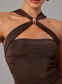 Silquee Đầm midi xếp ly ôm vừa vặn thanh lịch không tay cho nữ - màu nâu - Xem 8