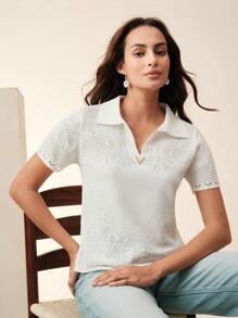 Anewsta Elegant & Dignified V-Neck Floral Hollow-Out Embroidery Knitted T-Shirt Blouse, Spring & Summer - White - View 4