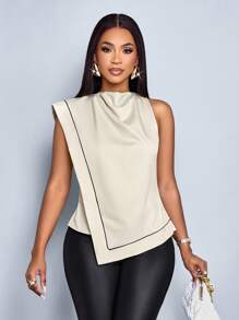 SOLERSUN Áo sơ mi vải lanh kẻ sọc đen tương phản cổ xếp ly đi làm cho nữ, viền áo bất đối xứng - Màu be - Xem 6