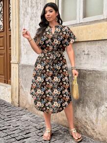 EMERY ROSE 大码节日休闲礼物几何花卉印花缺口领蝙蝠袖连衣裙波西米亚风女装女式太阳裙 - 彩色 - 查看 5