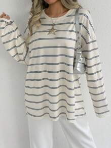 SHEIN EZwear Women's Crew Neck Long Sleeve Striped Simple Casual Blouse For Daily Wear - Apricot - View 5