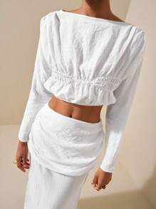 Zivah 20  Spring/Summer New Arrivals: Music Festival, Easter, St. Patrick's Day, Western, Nomadic, Birthday Party, Graduation, School, Daily Casual, All-Match, Leisure, Vacation, Cruise, Beach, Sunbathing, Viral, Streetwear, Wedding Guest, Commute, Brunch, Airport, Gathered Neck Shirred Top Crop Top - White - View 7