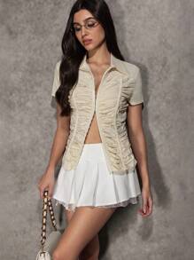 SHEIN Stretch Ruched Puff Sleeve Blouse - Apricot - View 4