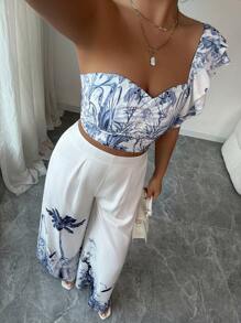 Elenzga 2 件套女式阔腿裤和花朵印花背心，休闲装 - 彩色 - 查看 7