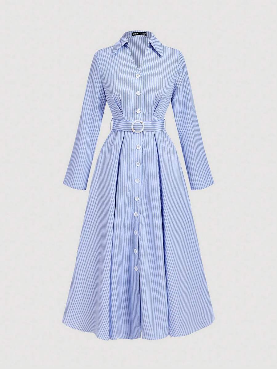SHEIN MOD Collared Long Sleeve Cinched Waist Front Button Cinched Waist Striped Long Dress,  Blue Striped Dress,  Shirt Dresses,  Button Down Dress,  Picnic Dress For Woman,  Belted Shirt Dress, Business Casual Woman, Teacher Outfits For Women, Office Outfits For Women