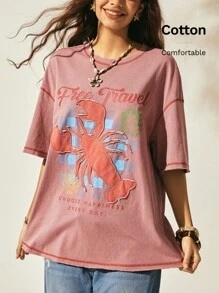 Easelle Áo thun cotton cổ tròn thêu họa tiết tôm hùm dễ thương phong cách Boho thường ngày màu hồng, thời trang mùa hè cho nữ, đồ đi biển - Hồng - Xem 3