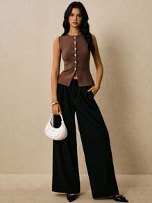 Poéselle Áo len nữ không tay cổ tròn cài cúc phía trước, màu trơn, kiểu dáng dễ thương, thích hợp mặc đi chơi, phong cách công sở thường ngày, phong cách cổ điển, sang trọng, phù hợp cho mùa thu. - Lạc đà - Xem 5