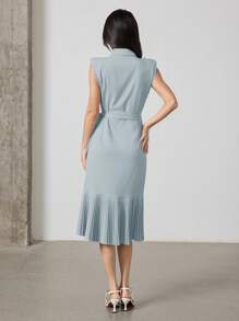 Heiryn 女士纯色褶裥交叉系带无袖中长连衣裙 - 藍色 - 查看 2