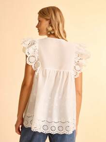 CAJUNI Blouse ample de vacances décontractée pour femme, encolure en V, manches lanternes, avec ourlet à volants brodé de style bohème pour les vacances à la plage - Blanc - Voir 2