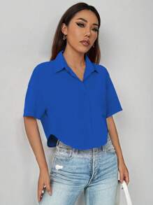 SHEIN Unity 短款纯色口袋前扣休闲短袖衬衫，夏季 - 寶藍色 - 查看 3