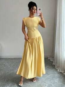 Elenzga Vestido elegante y romántico de fibra de bambú para mujeres con detalles impresos, adecuado para la playa, la fiesta del té y el estilo del Medio Oriente - Amarillo - Ver 7