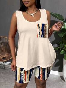 Slaydiva 度假音乐节风格休闲彩色波浪条纹印花两件套适合大码夏季 - 彩色 - 查看 2