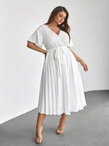 SHEIN Privé Váy midi buộc dây xếp ly màu trắng thanh lịch, thích hợp khi đi làm, du lịch, mua sắm - trắng - Xem 5