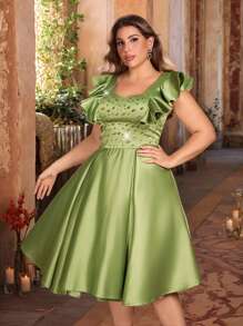 Aureia Plus Size Olive Green Spring Elegant Formal Prom Wedding Dress,Handmade Beaded Patchwork 3D Ruffle Trim Shoulder Luxury A-Line Ballroom Gown - Green - View 5