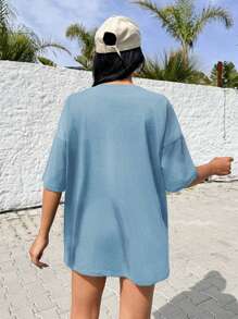 EURMUSE Crochet Applique On Chest Casual  Oversized Round Neck T-Shirt - Baby Blue - View 2