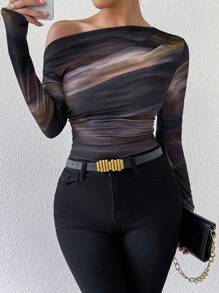 SHEIN Tall Women Tie Dye Print Asymmetrical Neck Ruched Long Sleeve T-Shirt For Spring Outfit Fall Cloth For Women - Brown - View 1