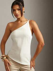 Hauture Old Money Sexy Business Casual Solid Asymmetrical One Shoulder Tank Top – Elegant Minimalist Hem Blouse, Office Lady Statement Shirt, Chic Professional Workwear & Stylish Going Out Top For Women