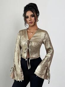 Rafferiza 纯色前系带V领优雅办公室长袖衬衫 - 金色 - 查看 6