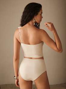 Anewsta Women's Summer Beach Floral 3D Design One-Shoulder Fashion Tankini Swimsuit - Beige - View 2