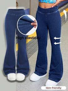 SHEIN 少女时尚休闲蓝色牛仔日常运动基础款弹力修身喇叭牛仔裤，柔软舒适，适合四季穿着，秋冬季少女服装 - 藍色 - 查看 2