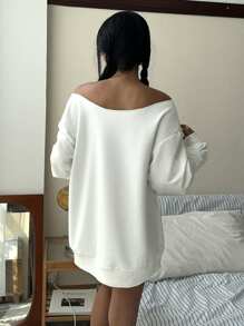 SHEIN EZwear 女士休闲露肩宽松长袖运动衫，海星印花，芙蓉印花，贝壳印花 - 白色 - 查看 3