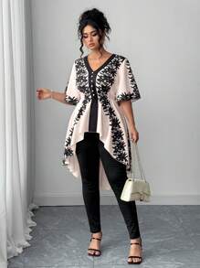 Elenzga Bộ đồ vest nữ cỡ lớn cổ chữ V tay ngắn cài nút phía trước in họa tiết & quần cạp cao co giãn, thanh lịch và chuyên nghiệp, mùa xuân/hè - màu đen - Xem 6