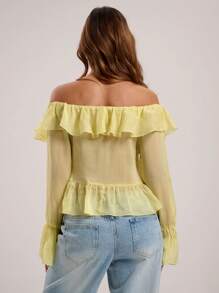 SHEIN BAE 女式纯色荷叶边露肩长袖开衩时尚衬衫 - 黃色 - 查看 2