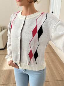 EURMUSE Women Geometric Printed Jaquard Cardigan With Button,Long Cardigans Woman,Petite Cardigans,Cardigans - Multicolor - View 6