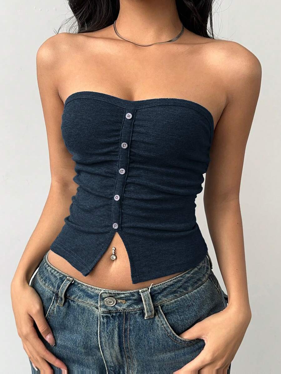 SHEIN BASICS 女士休闲纯色针织短款抹胸 - 藏蓝色 - 查看 1