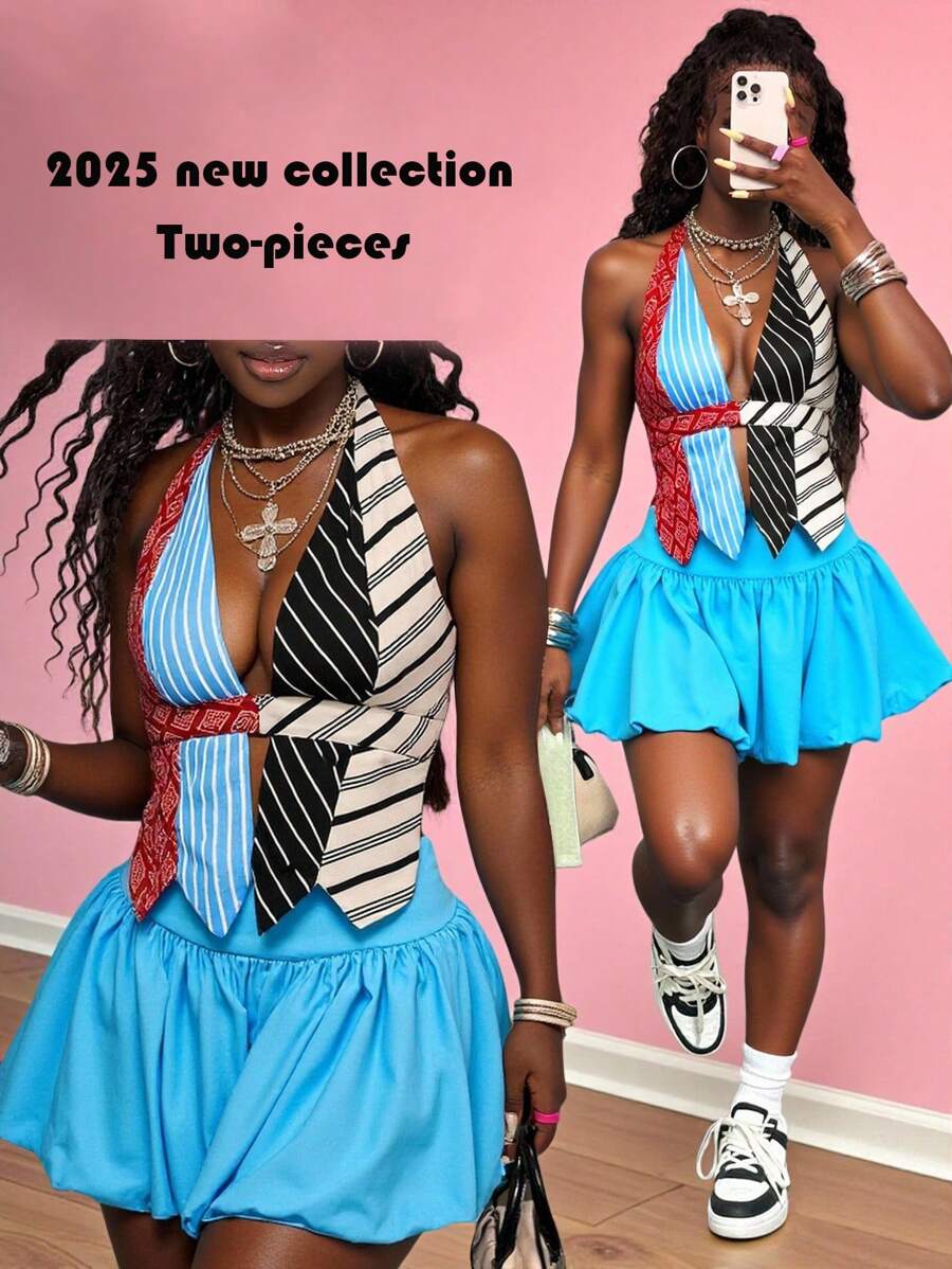 Slaydiva 2 件套女士夏季彩色条纹吊带上衣和喇叭迷你裙套装，狂野装