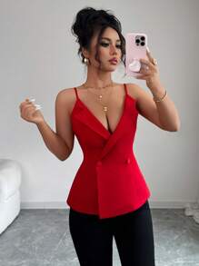 Elenzga 女士春夏法式浪漫西西里优雅休闲办公室旅行下午茶派对装饰V领双排扣吊带上衣 - 紅色 - 查看 5