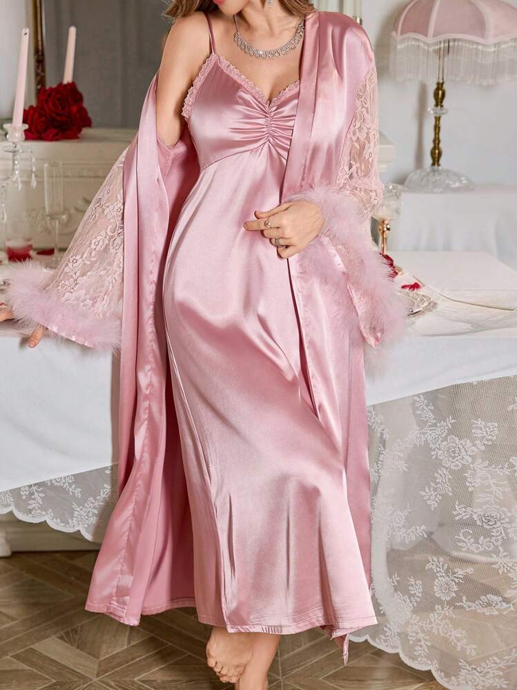 Feather Decor Lace Patchwork Flare Sleeve Satin Belted Robe & Cami Nightgown Set, Luxurious And Elegant Pajamas, Wedding Robe And Nightdress Set, Bridal Robe Sets, Satin Robe Set, Fall Winter Clothes - Pink - View 1