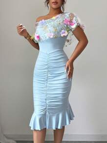 Modelyn Women's Knit Patchwork Chiffon Embroidered Asymmetrical Design Draped Summer Dress - Blue - View 5