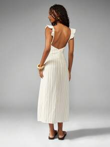 MISSGUIDED Linen Striped Midi Dress Ruffle Strap Summer Vacation Beach Resort Side Slit Backless Tea Party - Black and White - View 2