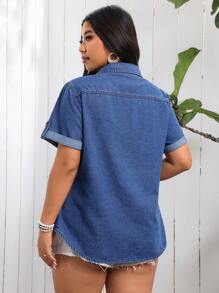 SHEIN CURVE+ 大码牛仔风格无弹力蓝色前开式短袖上衣，秋季假期