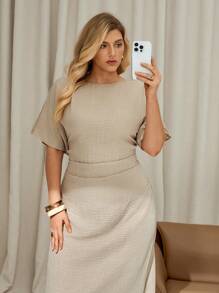 Auralis 女士大码夏季纯色亚麻连衣裙，短袖长裙，夏季女士连衣裙，女士夏季度假连衣裙，女士休闲连衣裙，女士端庄连衣裙 - 杏色 - 查看 4