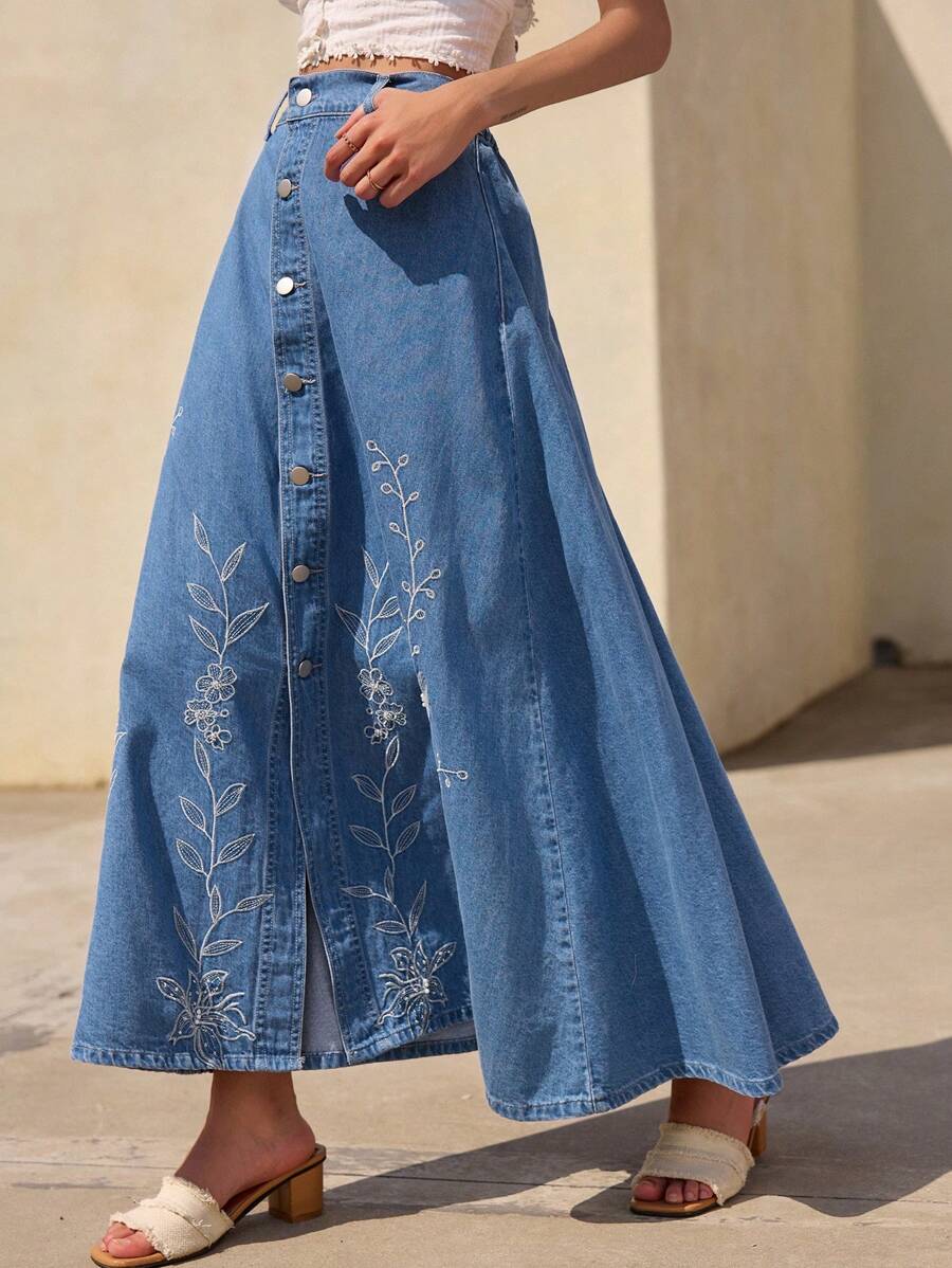 DAZY Women's Single Breasted Floral Embroidered Casual Long Denim Skirt Denim Maxi Skirt Long Jean Skirt Women Denim Skirts Embroidered Denim Skirt Jean Skirt Jeans Skirt