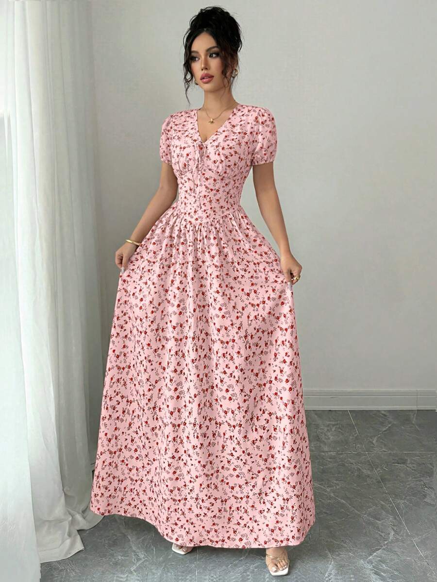 Elenzga Elegant Women's Summer Elegant Elastic Waist Puffed Sleeve Women's Long Dress, Maxi Dress. Dành cho mùa xuân/hè, trang phục hòa nhạc cho nữ, thanh lịch phù hợp để đi làm hàng ngày, lễ hội âm nhạc, trang phục ngày lễ/váy xếp nếp/hoa đồng quê/phong cách đồng quê hoa màu be 03/đồng quê/hoa - Hồng - Xem 1