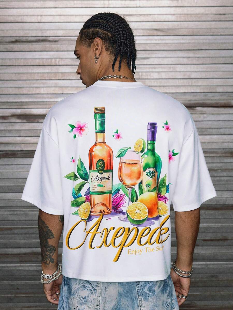 AXEPEAK 休闲夏季宽松男士图案印花短袖T恤 - 白色 - 查看 1