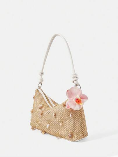 Fairycore 1 Stück braune Strandtasche mit Muscheln & Seestern Webmuster und Accessoires Set, modischer, personalisierter Strandurlaubs-Stil Damen Umhängetasche (1 Tasche und 1 Accessoire Set enthalten)