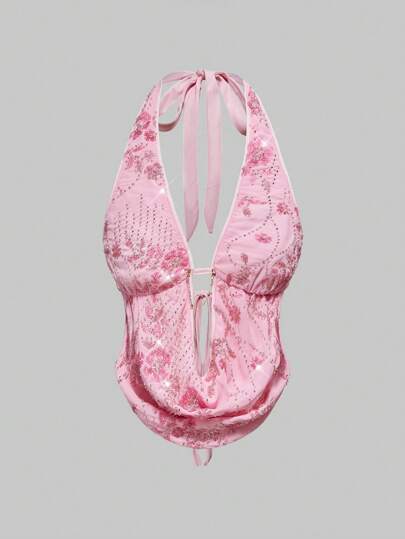 ملابس علوية كشكش أنثوي للشاطئ مطرز بشكل كثيف بالترتر ذو فتحة الظهر وياقة منسدلة، مثير للنساء لحفلات الشاطئ