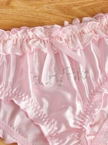Pink Crystal Embellished Satin Lace Ruffled Bloomer Bikini Briefs For Women - Pink - View 9