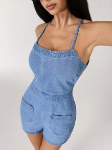 SHEIN ICON 女式夏季露背系带牛仔连体衣 - 藍色 - 查看 5