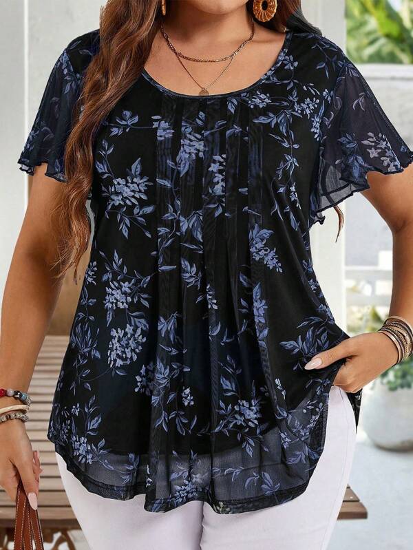 EMERY ROSE Plus Size Women Summer Short Sleeve Floral Print Shirt Tunic Blouse, Indigo Blue For Holiday,Summer Holiday,Vacation Outfits Women,Simple And Fashionable For Everyday Wear